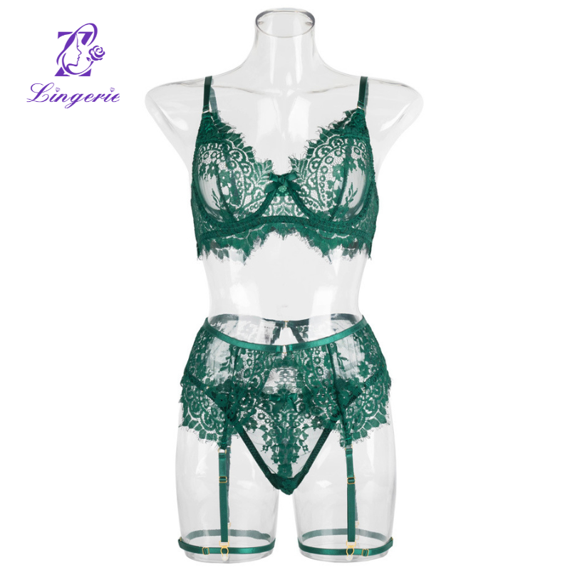Garter Lace Women's Erotic Lingerie Three Piece Plastic Split Set