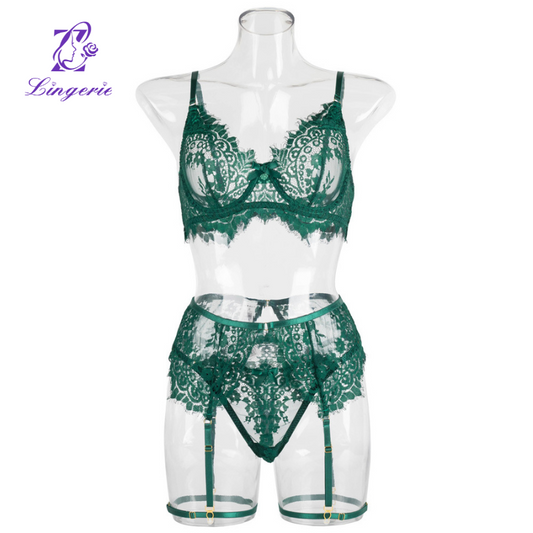 Garter Lace Women's Erotic Lingerie Three Piece Plastic Split Set