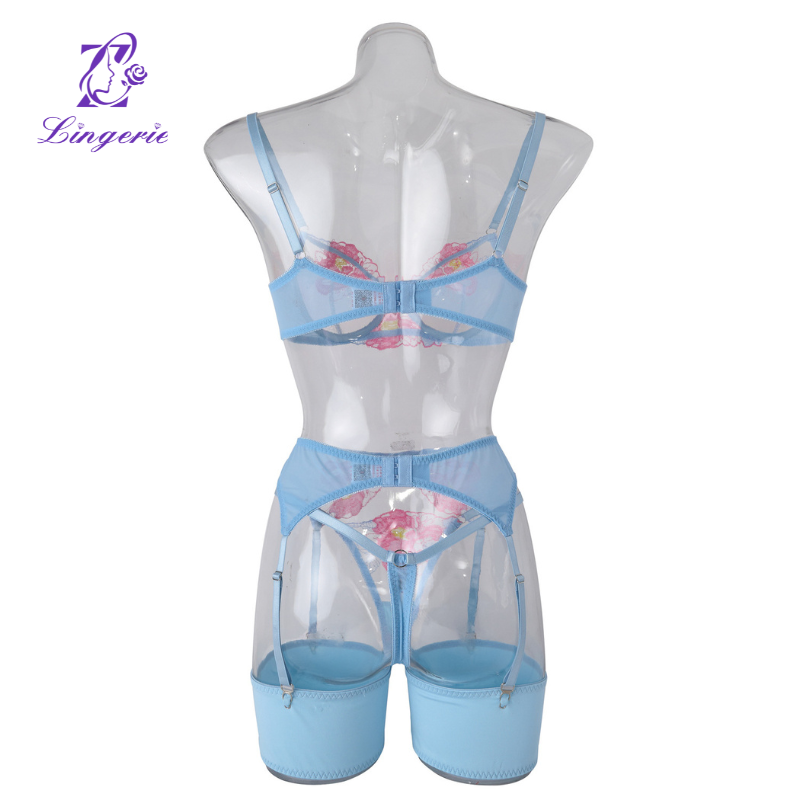 Sexy fashion three-point embroidery mesh see-through erotic lingerie four-piece set