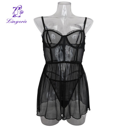 Fashion sexy mesh see-through halter one-piece lingerie ladies suit two-piec