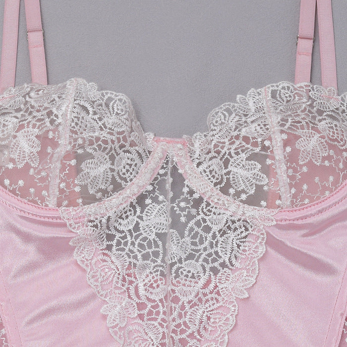 New Pink Lace See-Through Dress Corset