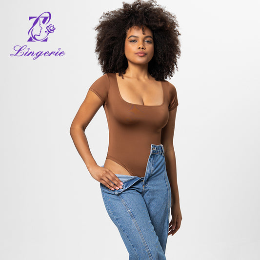 Women’s Crew Neck Short Sleeve Long  collar Sleeve Square Bodysuit Jumpsuit
