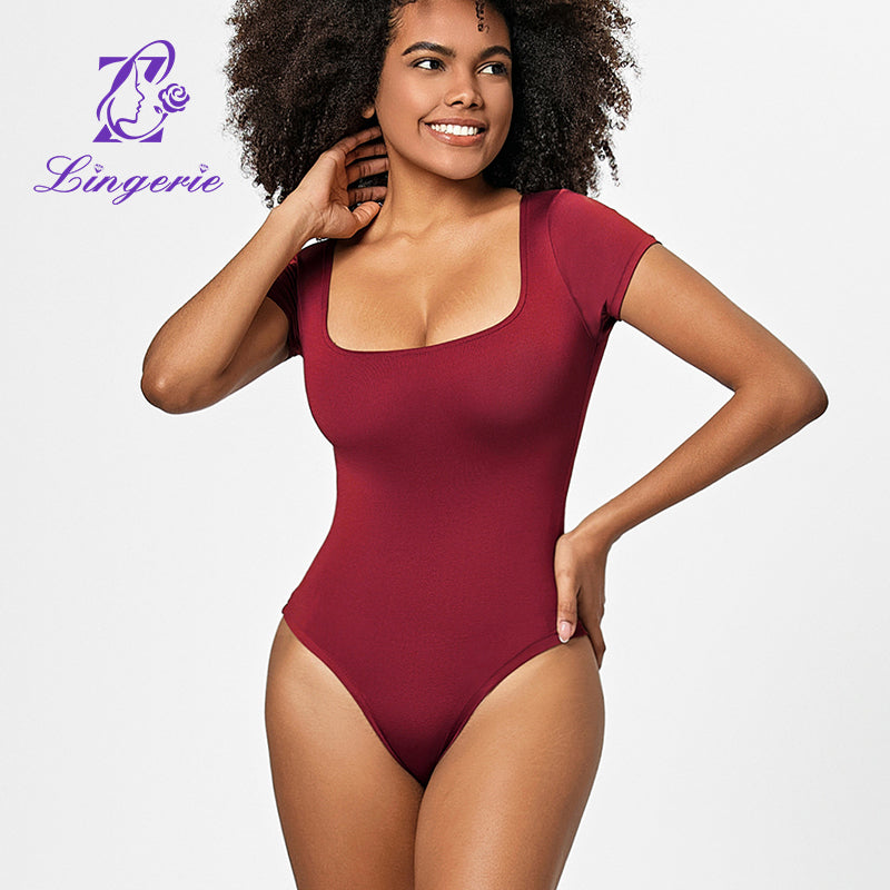 Women’s Crew Neck Short Sleeve Long  collar Sleeve Square Bodysuit Jumpsuit