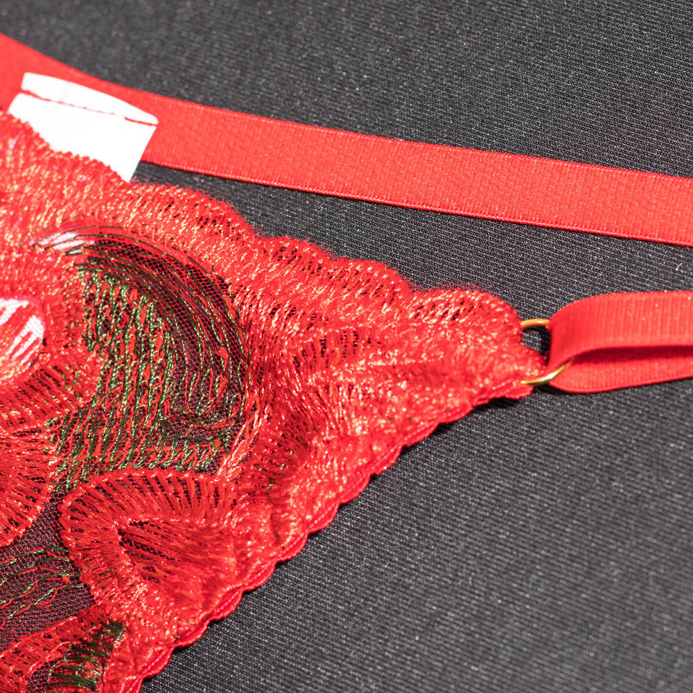 Red Embroidered Feathers Garter Lingerie