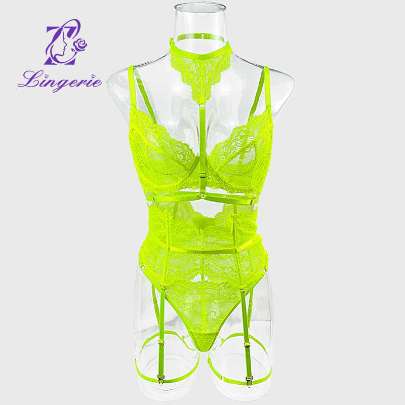 Erotic lace hanging neck strap splicing body shaping waistband halter sexy bra set