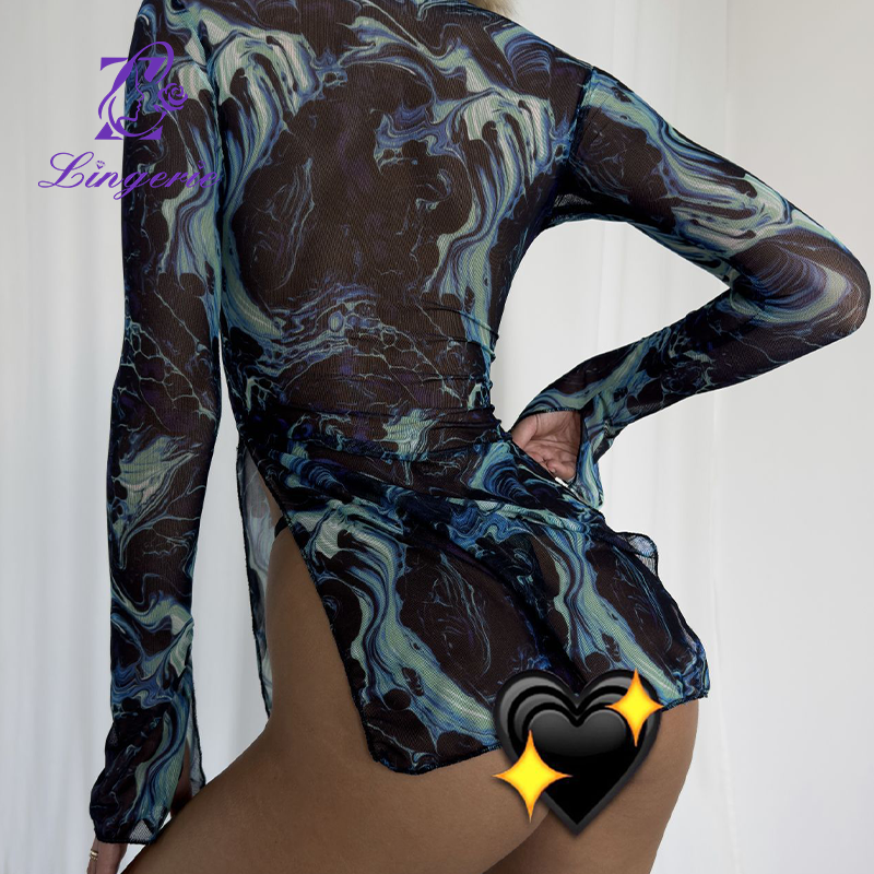 Erotic Sexy High Neck Long Sleeve Mesh Tie-Dye Dresses