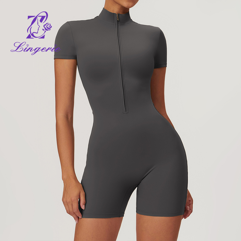 Zipper Short Sleeve Yoga Bodysuit Women's Dance Fitness Tight Exercise Bodysuit