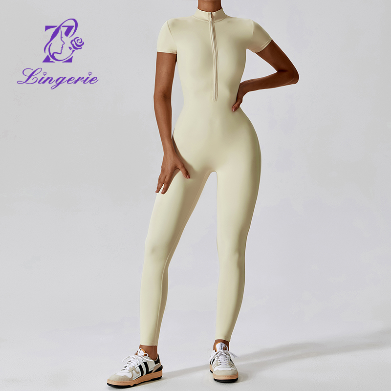 Zipper Short Sleeve Nude Yoga Bodysuit Women Outer Wear Fitness Sports One Piece Leotard