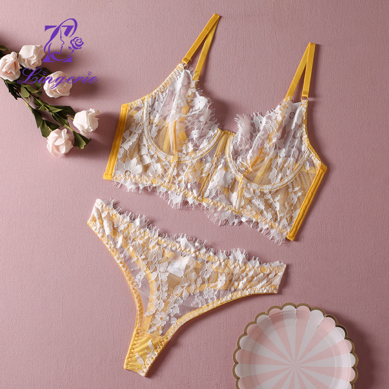 Erotic lingerie ultra-thin transparent fishbone lace underwear corset large breasts show small plus size bra set