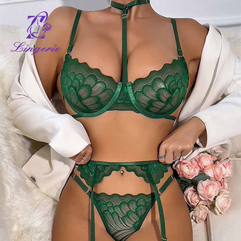 Lace Erotica Ladies Sexy Eyelash Nightgown Bra 3 Piece Set