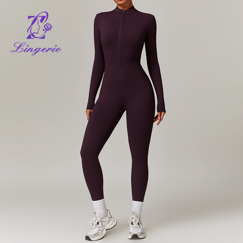 Zipper Nude Skinny Padded Yoga Bodysuit Outdoor Warm One Piece Running Fitness Wear