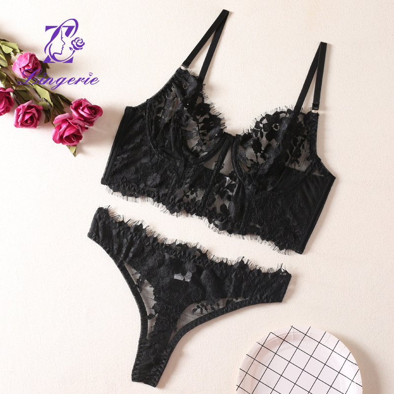 Erotic lingerie ultra-thin transparent fishbone lace underwear corset large breasts show small plus size bra set