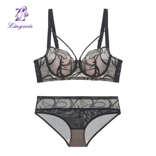 Lingerie women's sensual ink painting embroidery lace bra set thin cotton rabbit ears cup large breasts show small bra