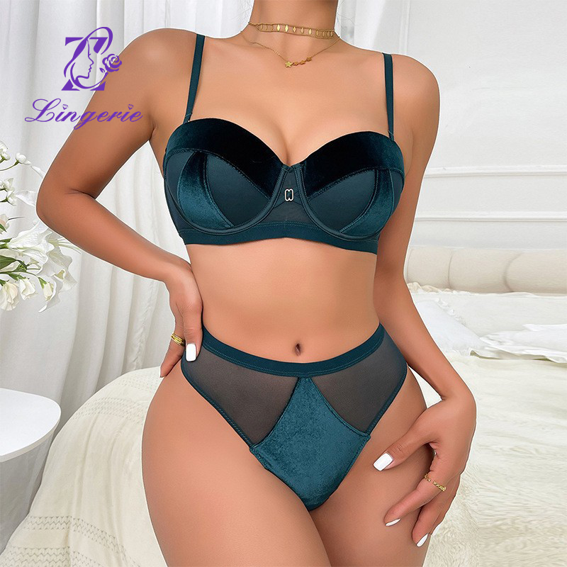 Sexy lingerie small breasts show large gathered anti-sagging lingerie velvet half cup red bra set