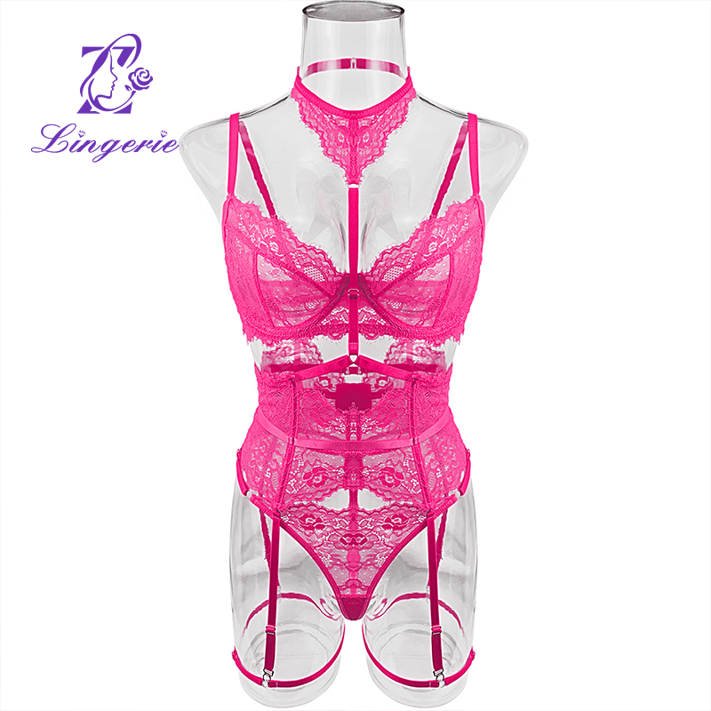 Erotic lace hanging neck strap splicing body shaping waistband halter sexy bra set
