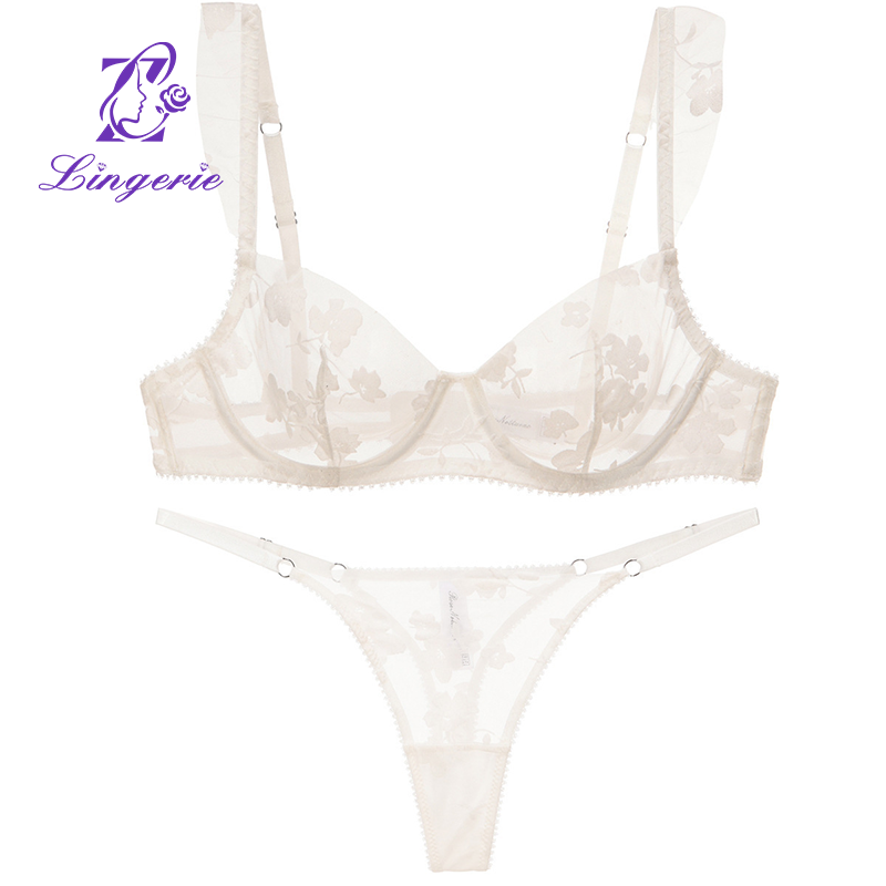 Sexy erotic lingerie French ultra-thin embroidered lace bra set large breasts show small three-piece bra set