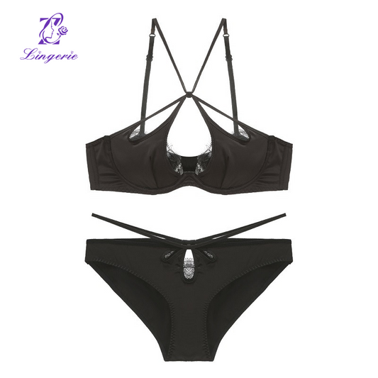 Sexy Satin Cross Back Lingerie Eyelash Lace Thin Bra Soft Steel Ring Gathering Bra Set