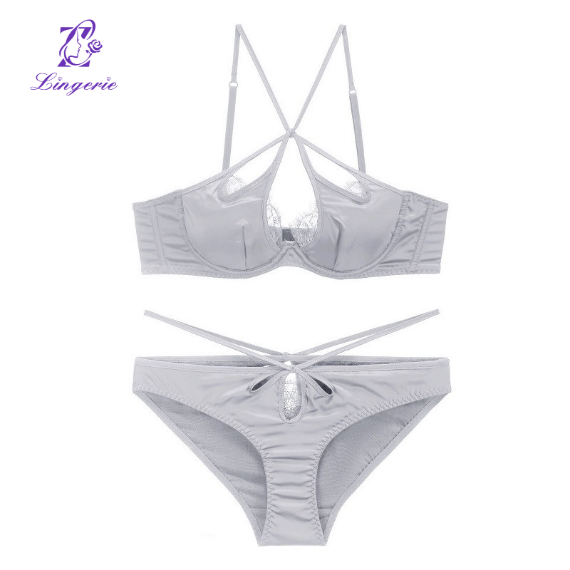 Sexy Satin Cross Back Lingerie Eyelash Lace Thin Bra Soft Steel Ring Gathering Bra Set