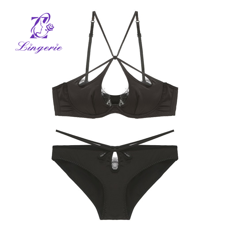 Sexy satin Cross Strap Back Lingerie Eyelashes Lace Thin Bra Soft Underwire push-up bra set