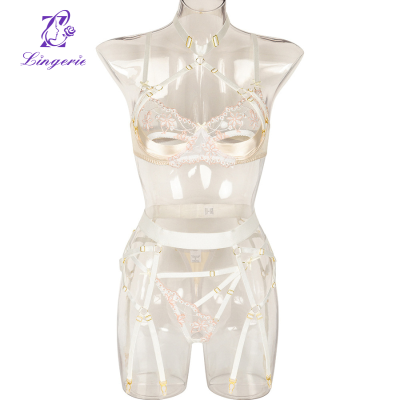 Hanging neck sexy skeleton satin splicing erotic three-piece set