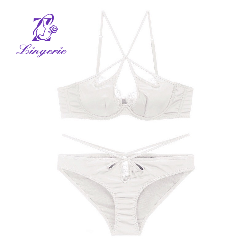 Sexy satin Cross Strap Back Lingerie Eyelashes Lace Thin Bra Soft Underwire push-up bra set