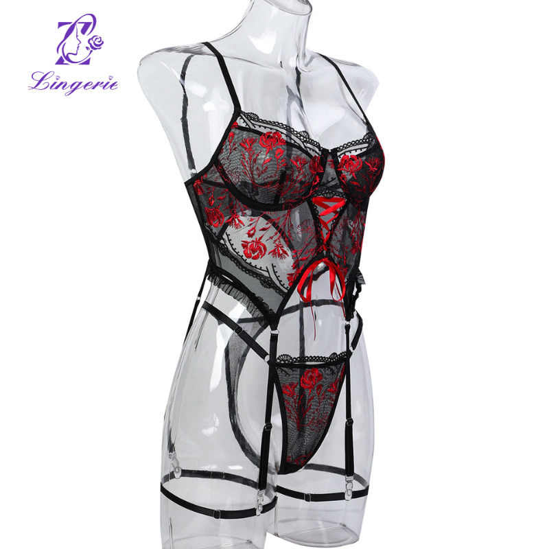 Flower embroidery cross straps in Europe and the United States women's sexy underwear erotic three-piece suit