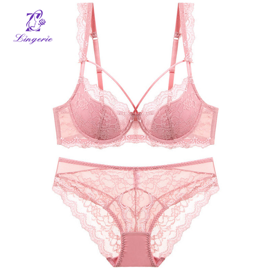 Sexy lace underwear female thin cotton large breasts show small large size underwear set of anti-sagging comfortable breathable bra