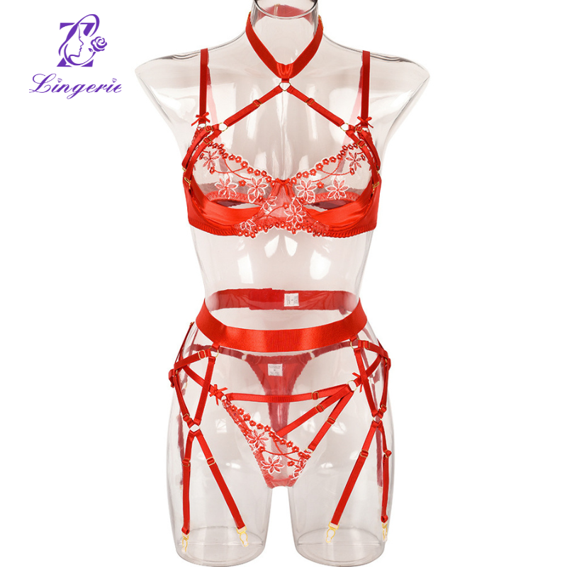 Hanging neck sexy skeleton satin splicing erotic three-piece set