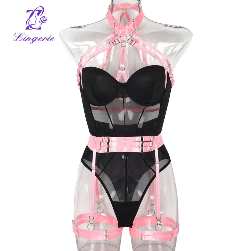 Mesh Strap Splicing Intricate Heavy Crafted Hanging Neck with Leg Loops Erotic Bodysuit