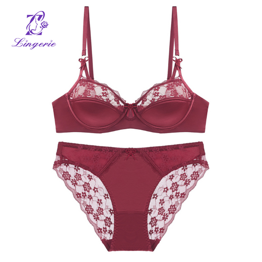 French sexy lingerie natal red lace underwear thin cotton glossy large breasts show small anti-sagging bra set