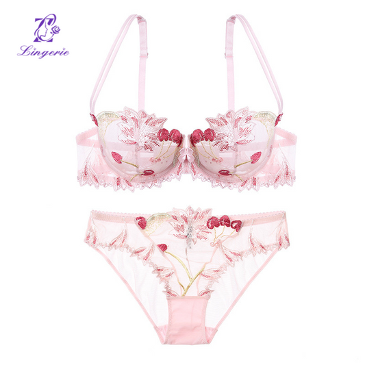 Sexy underwear French ultra-thin transparent mesh embroidered lace underwear large breasts show small big yards bra set