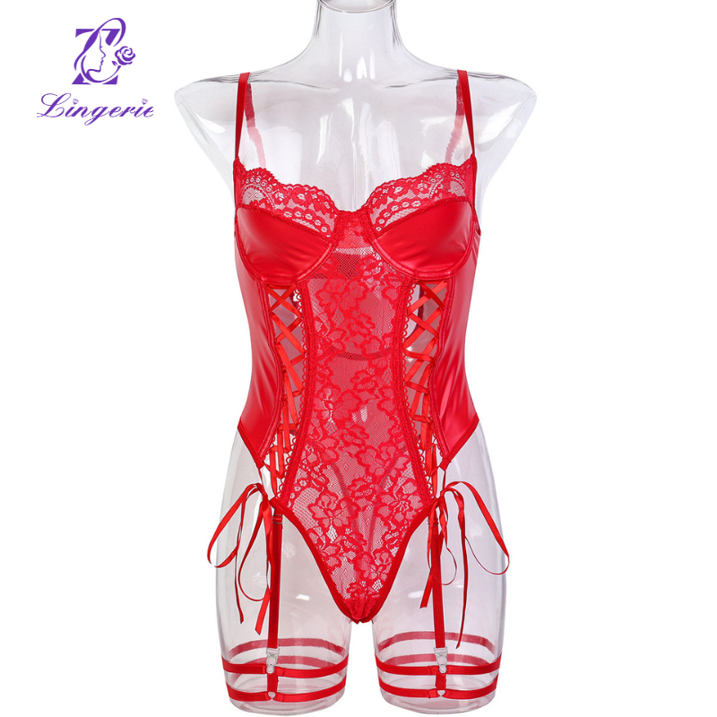 Black Lace Tie Bow Spell PU Leather Sexy Tight Bodysuit Women