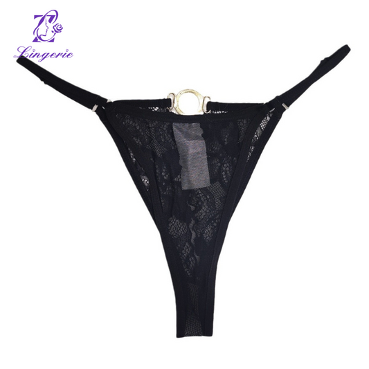 Open hollowed-out perspective diamond-studded thong black lace underwear for women