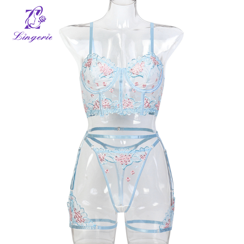 Women's Sexy Lingerie Erotic Embroidered Three Piece Set Wholesale Mousie Clothing