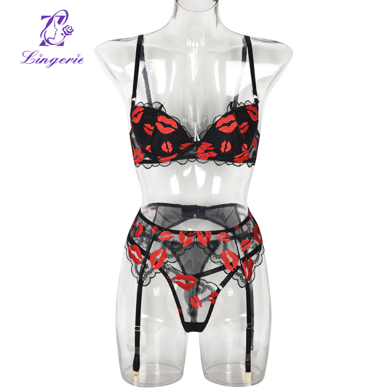 Red Lips Embroidery Poly Molded Cups Sexy 3 Piece Set