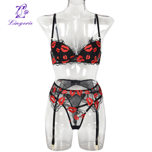 Red Lips Embroidery Poly Molded Cups Sexy 3 Piece Set