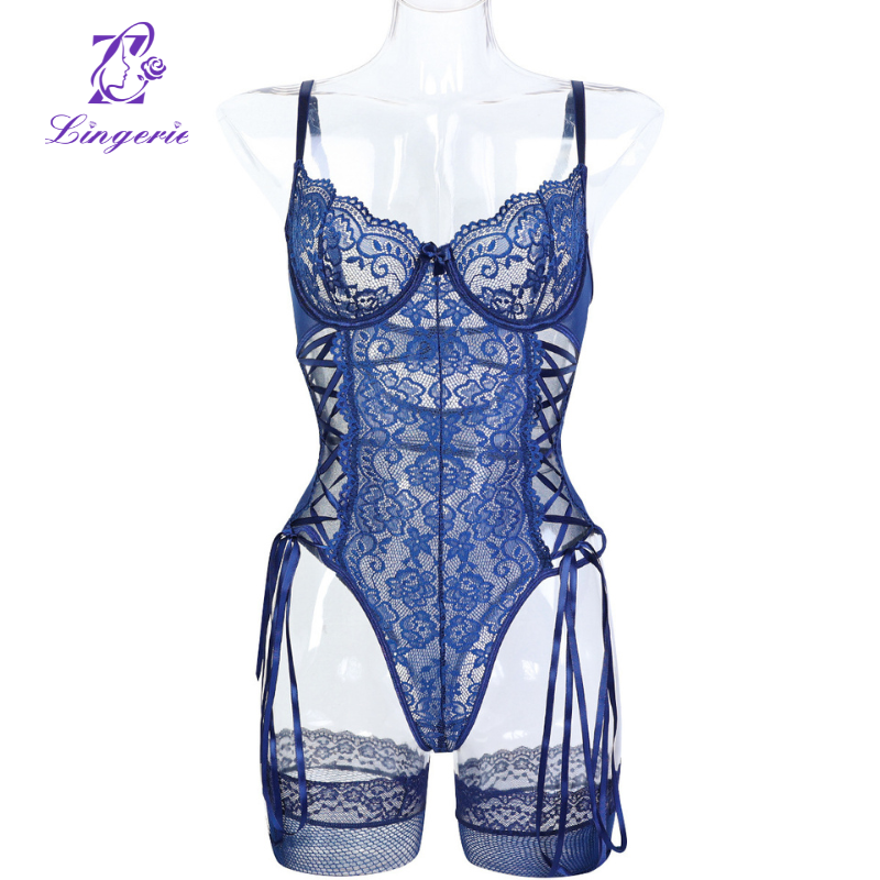 Erotic lingerie summer new lace lace skeleton straps with steel ring halter bodysuit