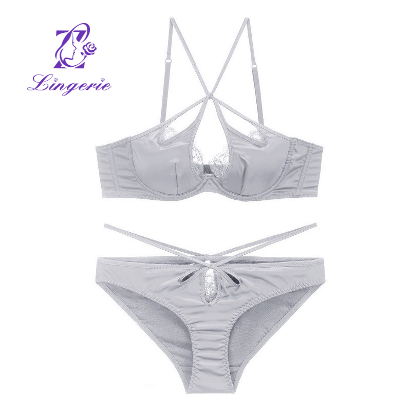 Sexy satin Cross Strap Back Lingerie Eyelashes Lace Thin Bra Soft Underwire push-up bra set