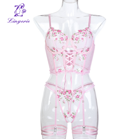 Pink Beautifully Embroidered Floral Sling Erotica Set of Three