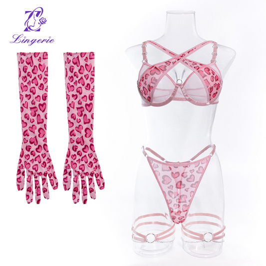 Pink leopard print metal chain erotic lingerie set supplier for women