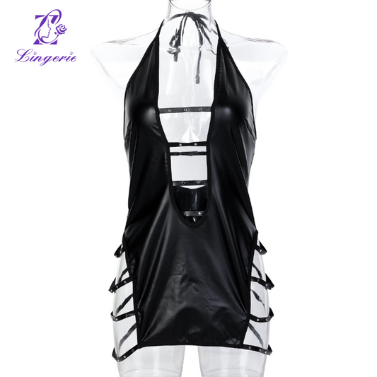 PU patent leather stare bead metal strap sexy deep V sexy nightdress