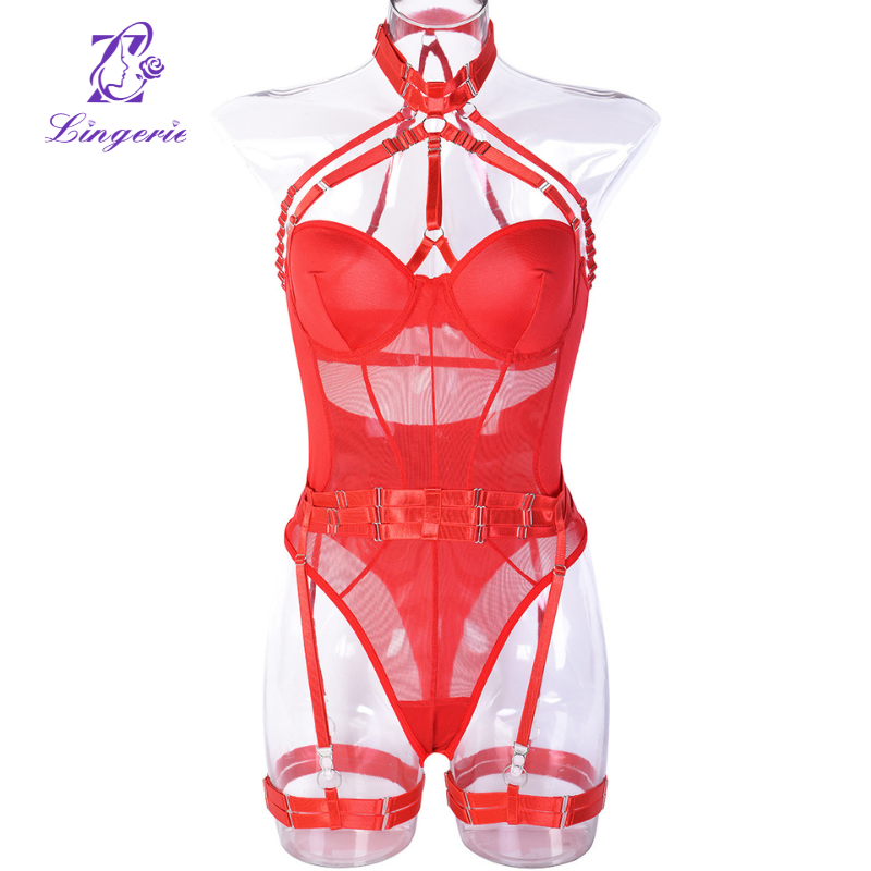 Mesh Strap Splicing Intricate Heavy Crafted Hanging Neck with Leg Loops Erotic Bodysuit