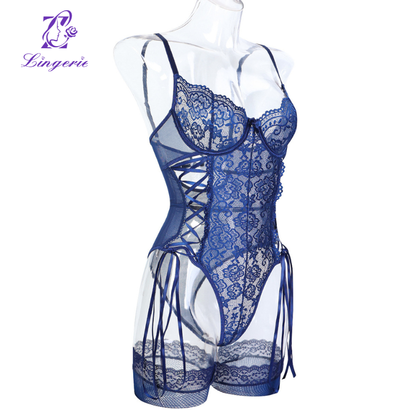 Erotic lingerie summer new lace lace skeleton straps with steel ring halter bodysuit