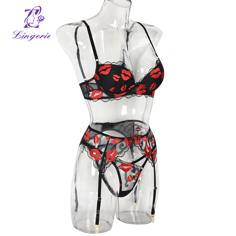 Red Lips Embroidery Poly Molded Cups Sexy 3 Piece Set