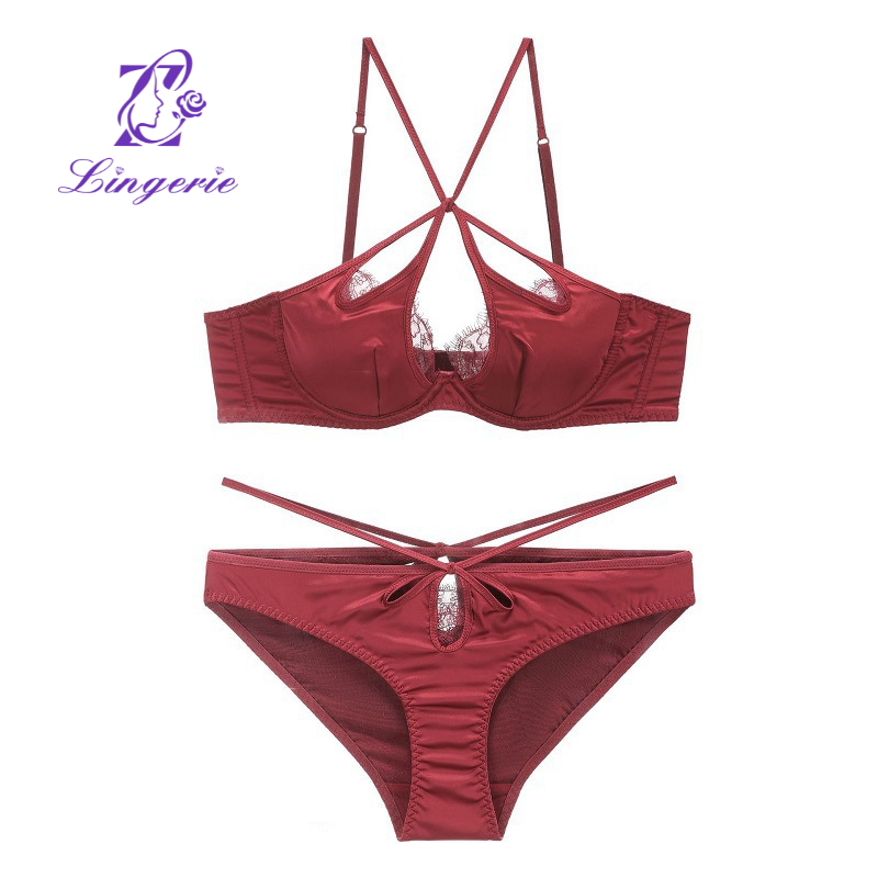 Sexy satin Cross Strap Back Lingerie Eyelashes Lace Thin Bra Soft Underwire push-up bra set