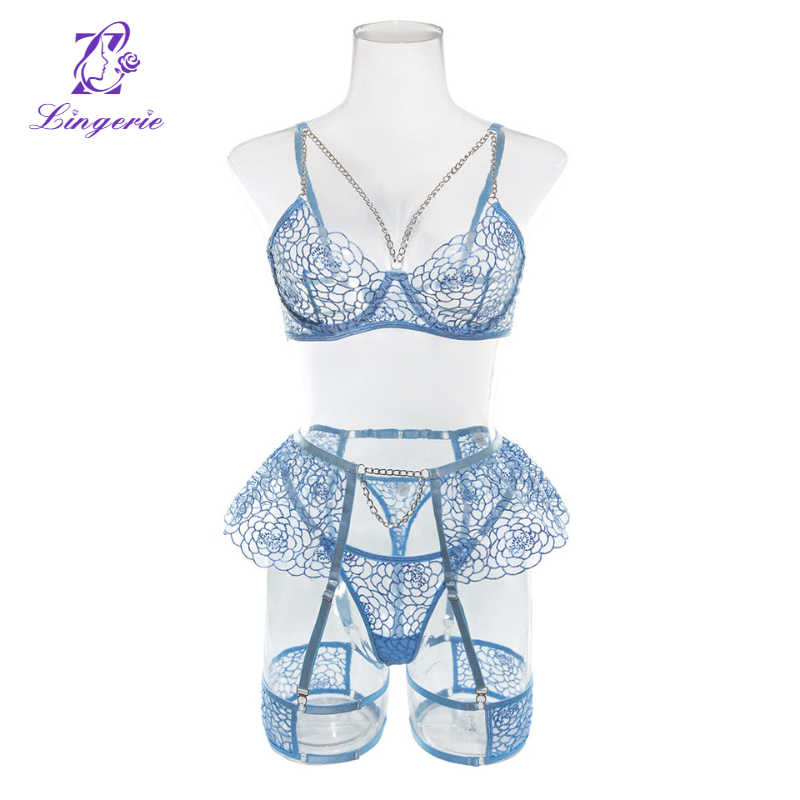 Embroidery small skirt metal chain decoration with leg circumference steel ring erotic lingerie four pieces set