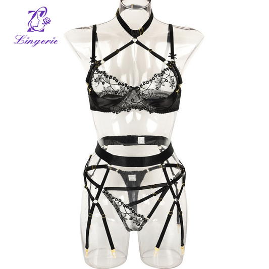 Hanging neck sexy skeleton satin splicing erotic three-piece set