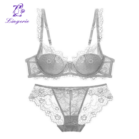 French lingerie women's sensual thin cotton transparent lace underwear large breasts show small anti-sagging large size bra set bra