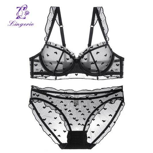 French summer ultra thin lace bra set with large breasts and small sag