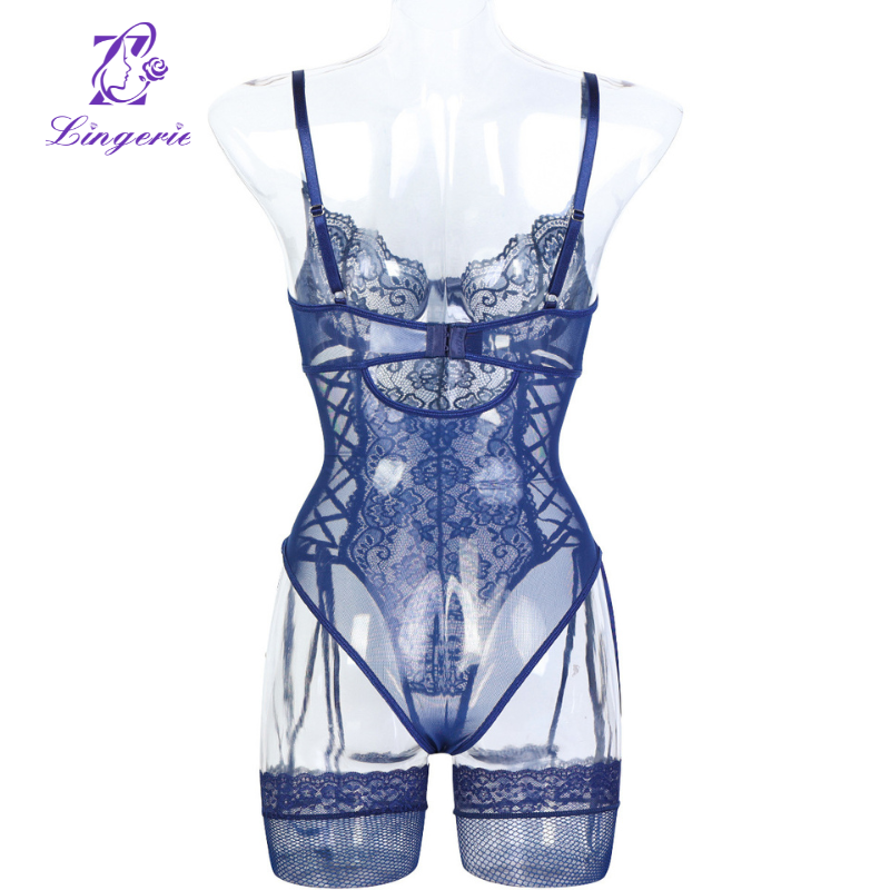 Erotic lingerie summer new lace lace skeleton straps with steel ring halter bodysuit